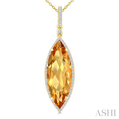 22X8 MM Marquise Shape Citrine and 1/4 Ctw Round Cut Diamond Semi-Precious Pendant With Chain in 14K Yellow Gold