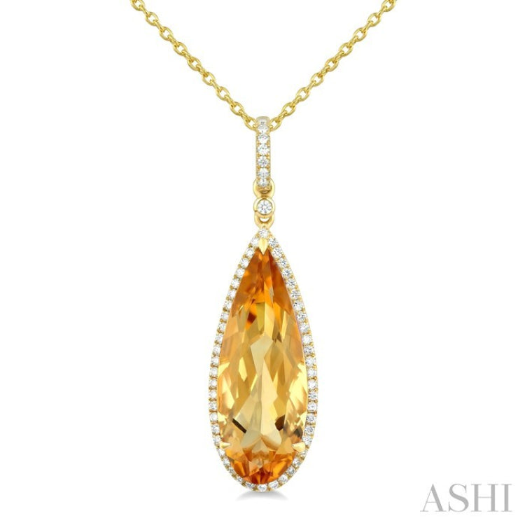 22X8 MM Pear Shape Citrine and 1/4 Ctw Round Cut Diamond Semi-Precious Pendant With Chain in 14K Yellow Gold