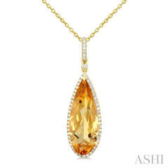 22X8 MM Pear Shape Citrine and 1/4 Ctw Round Cut Diamond Semi-Precious Pendant With Chain in 14K Yellow Gold