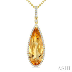 22X8 MM Pear Shape Citrine and 1/4 Ctw Round Cut Diamond Semi-Precious Pendant With Chain in 14K Yellow Gold