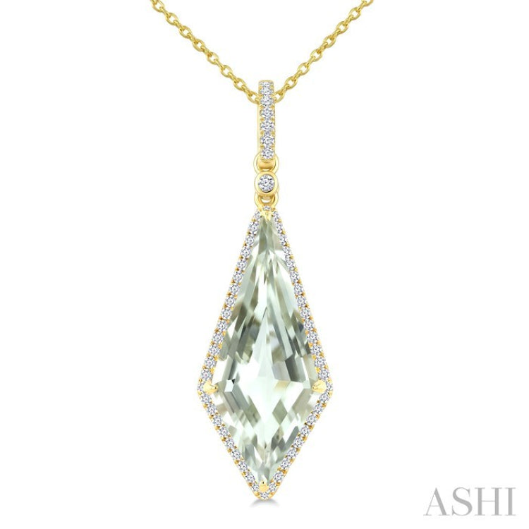 22X9 MM Kite Shape Green Amethyst and 1/4 Ctw Round Cut Diamond Semi-Precious Pendant With Chain in 14K Yellow Gold