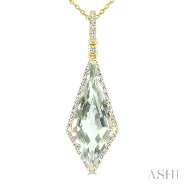22X9 MM Kite Shape Green Amethyst and 1/4 Ctw Round Cut Diamond Semi-Precious Pendant With Chain in 14K Yellow Gold