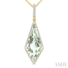 22X9 MM Kite Shape Green Amethyst and 1/4 Ctw Round Cut Diamond Semi-Precious Pendant With Chain in 14K Yellow Gold