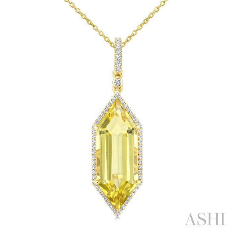 22X8 MM Hexagon Shape Lemon Quartz and 1/4 Ctw Round Cut Diamond Semi-Precious Pendant With Chain in 14K Yellow Gold
