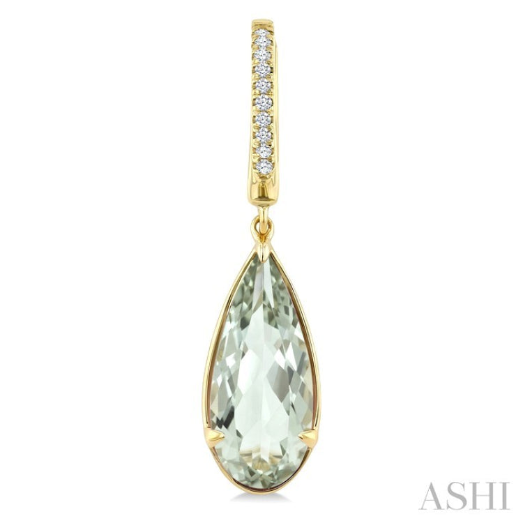 14X6 MM Pear Shape Green Amethyst and 1/10 Ctw Round Cut Diamond Semi-Precious Earrings in 14K Yellow Gold