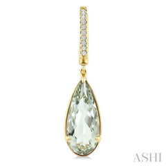 14X6 MM Pear Shape Green Amethyst and 1/10 Ctw Round Cut Diamond Semi-Precious Earrings in 14K Yellow Gold