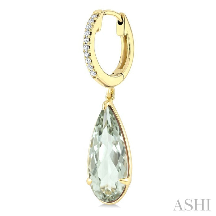 14X6 MM Pear Shape Green Amethyst and 1/10 Ctw Round Cut Diamond Semi-Precious Earrings in 14K Yellow Gold