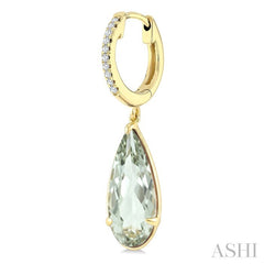14X6 MM Pear Shape Green Amethyst and 1/10 Ctw Round Cut Diamond Semi-Precious Earrings in 14K Yellow Gold