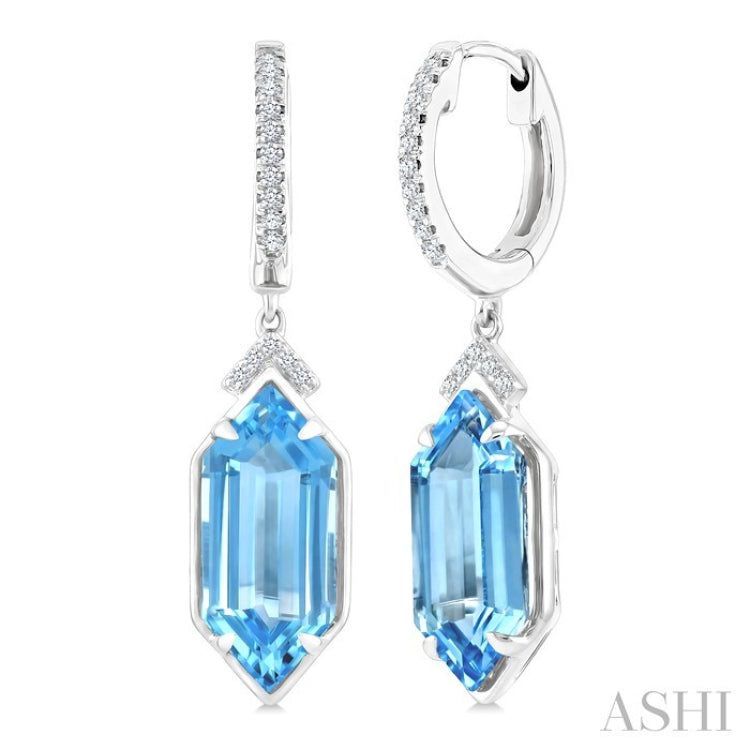 14X6 MM Hexagon Shape Blue Topaz and 1/6 Ctw Round Cut Diamond Semi-Precious Earrings in 14K White Gold