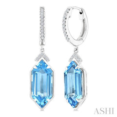 14X6 MM Hexagon Shape Blue Topaz and 1/6 Ctw Round Cut Diamond Semi-Precious Earrings in 14K White Gold