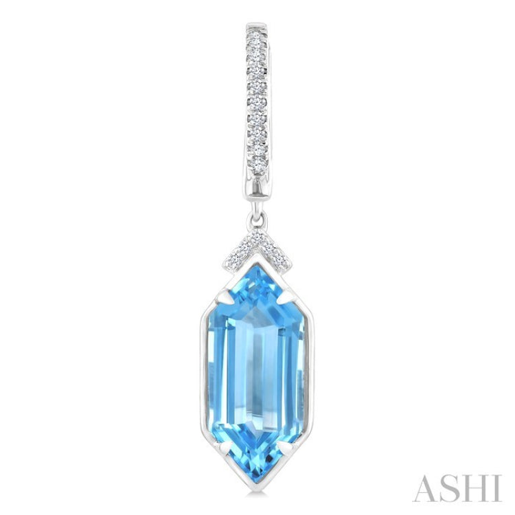 14X6 MM Hexagon Shape Blue Topaz and 1/6 Ctw Round Cut Diamond Semi-Precious Earrings in 14K White Gold