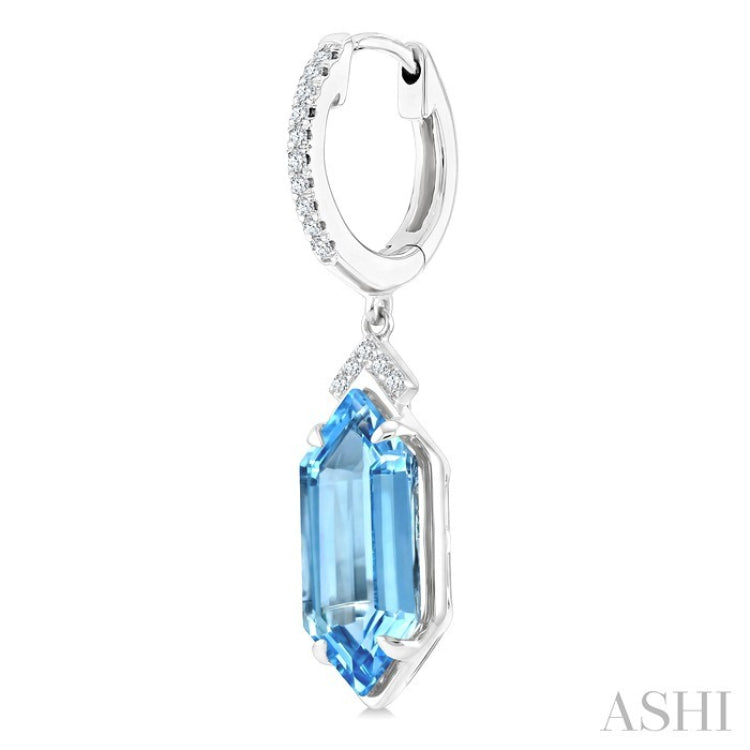14X6 MM Hexagon Shape Blue Topaz and 1/6 Ctw Round Cut Diamond Semi-Precious Earrings in 14K White Gold