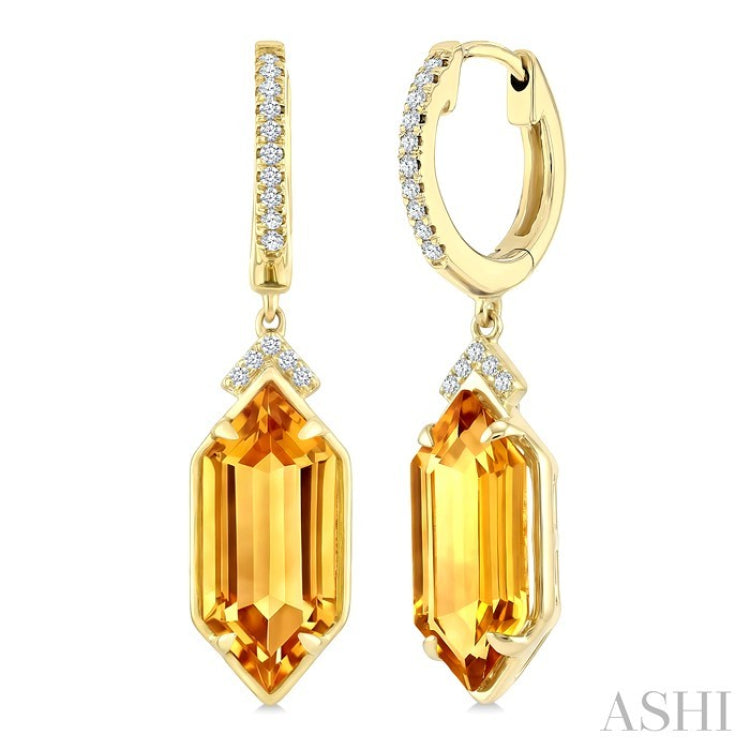 14X6 MM Hexagon Shape Citrine and 1/6 Ctw Round Cut Diamond Semi-Precious Earrings in 14K Yellow Gold