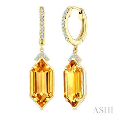 14X6 MM Hexagon Shape Citrine and 1/6 Ctw Round Cut Diamond Semi-Precious Earrings in 14K Yellow Gold