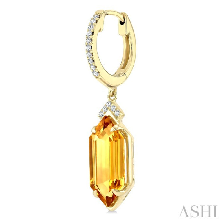 14X6 MM Hexagon Shape Citrine and 1/6 Ctw Round Cut Diamond Semi-Precious Earrings in 14K Yellow Gold