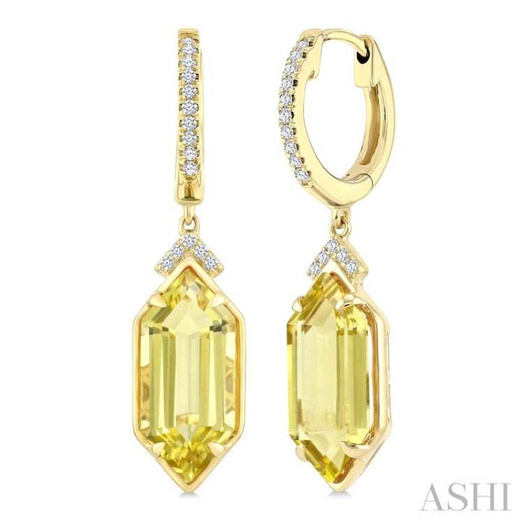 14X6 MM Hexagon Shape Lemon Quartz and 1/6 Ctw Round Cut Diamond Semi-Precious Earrings in 14K Yellow Gold