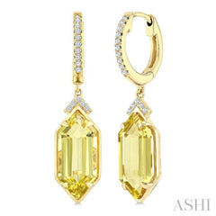 14X6 MM Hexagon Shape Lemon Quartz and 1/6 Ctw Round Cut Diamond Semi-Precious Earrings in 14K Yellow Gold