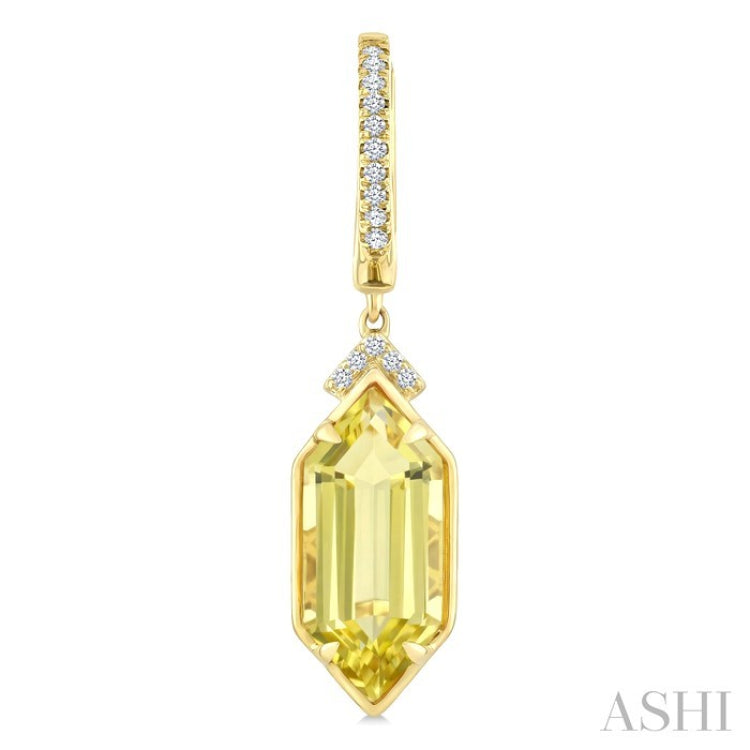 14X6 MM Hexagon Shape Lemon Quartz and 1/6 Ctw Round Cut Diamond Semi-Precious Earrings in 14K Yellow Gold