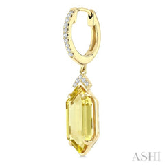 14X6 MM Hexagon Shape Lemon Quartz and 1/6 Ctw Round Cut Diamond Semi-Precious Earrings in 14K Yellow Gold