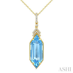 22X8 MM Hexagon Shape Blue Topaz and 1/10 Ctw Round Cut Diamond Semi-Precious Pendant With Chain in 14K Yellow Gold