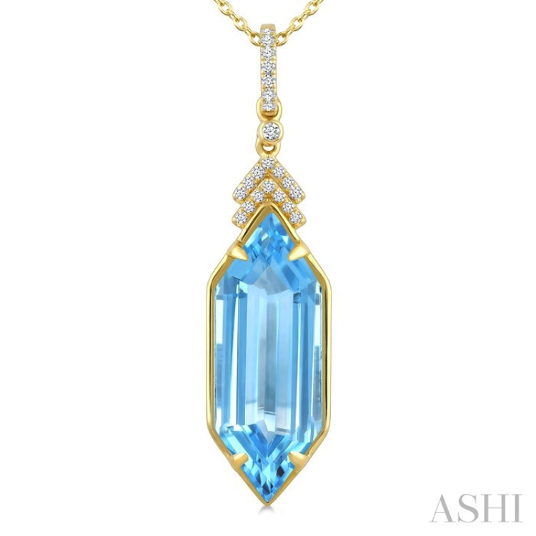 22X8 MM Hexagon Shape Blue Topaz and 1/10 Ctw Round Cut Diamond Semi-Precious Pendant With Chain in 14K Yellow Gold
