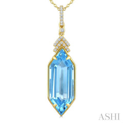 22X8 MM Hexagon Shape Blue Topaz and 1/10 Ctw Round Cut Diamond Semi-Precious Pendant With Chain in 14K Yellow Gold