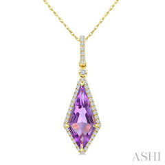 16X7 MM Kite Shape Amethyst and 1/5 Ctw Round Cut Diamond Semi-Precious Pendant With Chain in 10K Yellow Gold
