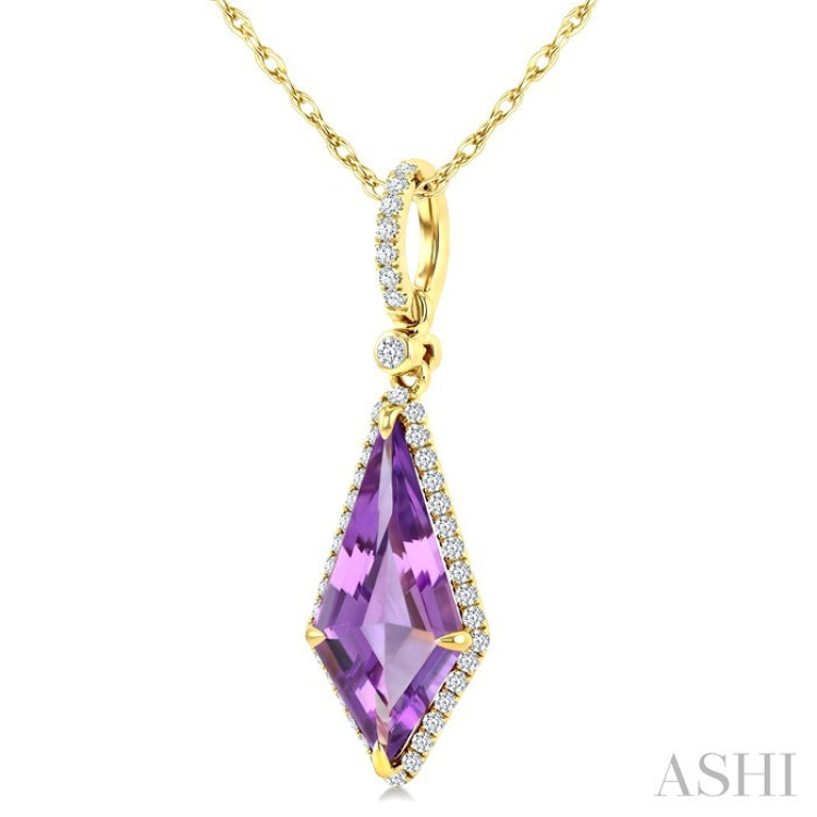 16X7 MM Kite Shape Amethyst and 1/5 Ctw Round Cut Diamond Semi-Precious Pendant With Chain in 10K Yellow Gold