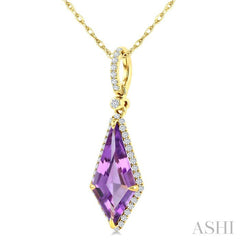 16X7 MM Kite Shape Amethyst and 1/5 Ctw Round Cut Diamond Semi-Precious Pendant With Chain in 10K Yellow Gold