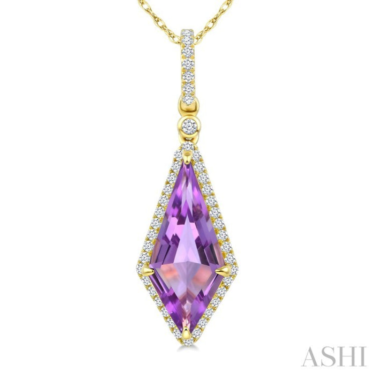 16X7 MM Kite Shape Amethyst and 1/5 Ctw Round Cut Diamond Semi-Precious Pendant With Chain in 10K Yellow Gold