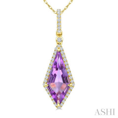 16X7 MM Kite Shape Amethyst and 1/5 Ctw Round Cut Diamond Semi-Precious Pendant With Chain in 10K Yellow Gold