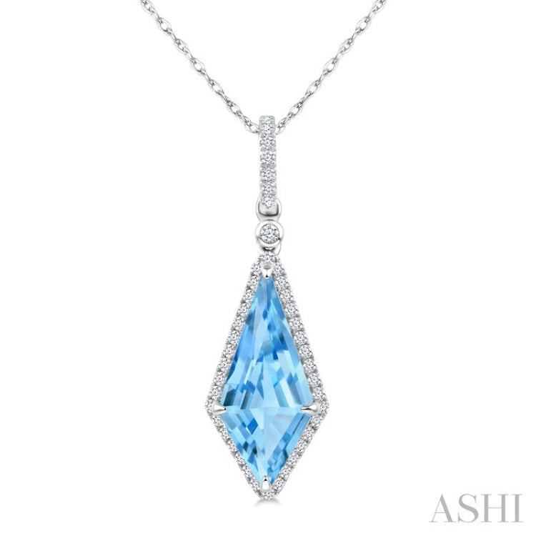 16X7 MM Kite Shape Blue Topaz and 1/5 Ctw Round Cut Diamond Semi-Precious Pendant With Chain in 10K White Gold