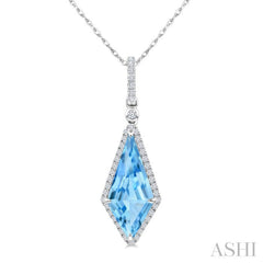 16X7 MM Kite Shape Blue Topaz and 1/5 Ctw Round Cut Diamond Semi-Precious Pendant With Chain in 10K White Gold