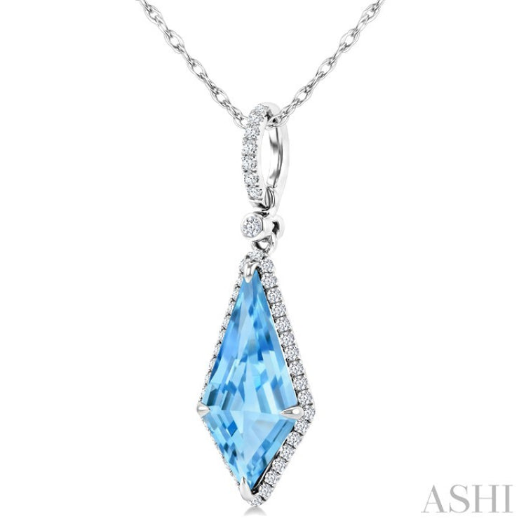 16X7 MM Kite Shape Blue Topaz and 1/5 Ctw Round Cut Diamond Semi-Precious Pendant With Chain in 10K White Gold