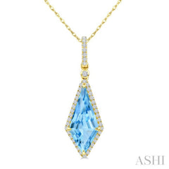 16X7 MM Kite Shape Blue Topaz and 1/5 Ctw Round Cut Diamond Semi-Precious Pendant With Chain in 10K Yellow Gold