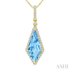 16X7 MM Kite Shape Blue Topaz and 1/5 Ctw Round Cut Diamond Semi-Precious Pendant With Chain in 10K Yellow Gold