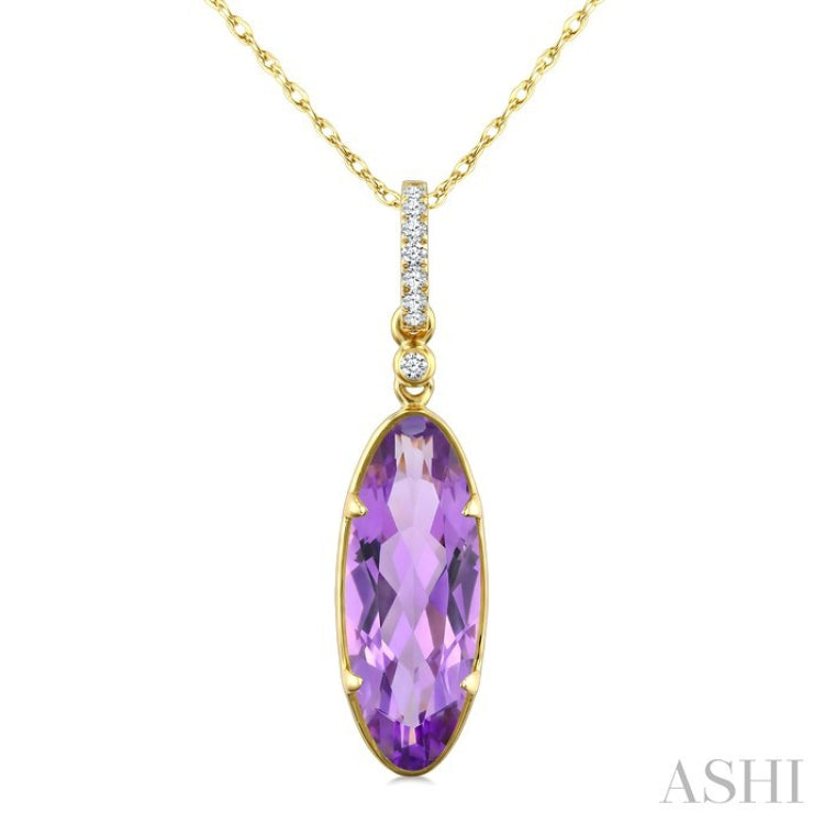 16X6 MM Oval Shape Amethyst and 1/20 Ctw Round Cut Diamond Semi-Precious Pendant With Chain in 10K Yellow Gold