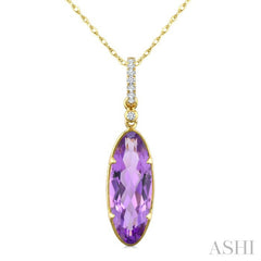 16X6 MM Oval Shape Amethyst and 1/20 Ctw Round Cut Diamond Semi-Precious Pendant With Chain in 10K Yellow Gold