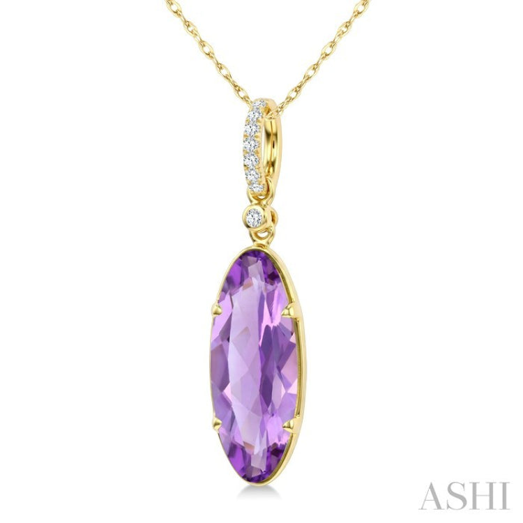 16X6 MM Oval Shape Amethyst and 1/20 Ctw Round Cut Diamond Semi-Precious Pendant With Chain in 10K Yellow Gold