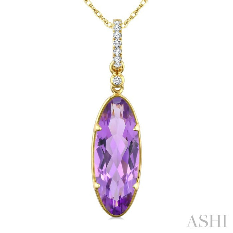 16X6 MM Oval Shape Amethyst and 1/20 Ctw Round Cut Diamond Semi-Precious Pendant With Chain in 10K Yellow Gold