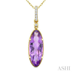 16X6 MM Oval Shape Amethyst and 1/20 Ctw Round Cut Diamond Semi-Precious Pendant With Chain in 10K Yellow Gold