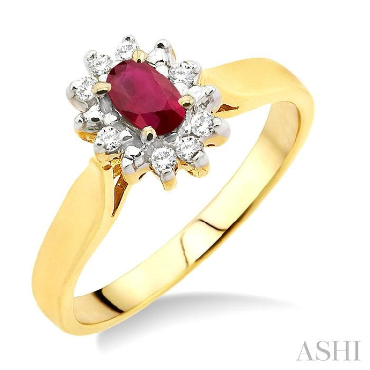 5x3mm Oval Cut Ruby and 1/10 Ctw Round Cut Diamond Ring in 10K Yellow Gold