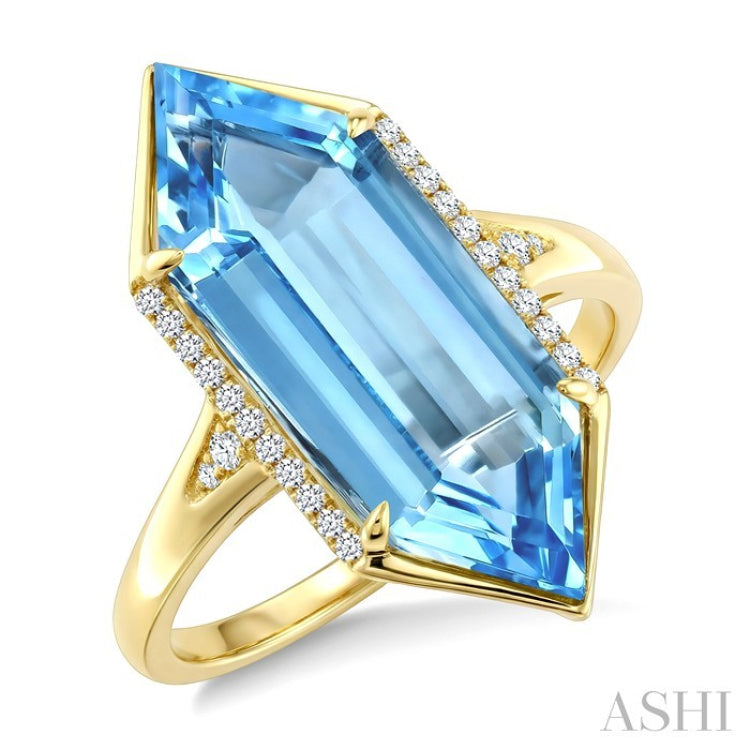 22X8 MM Hexagon Shape Blue Topaz and 1/10 Ctw Round Cut Diamond Semi-Precious Ring in 14K Yellow Gold