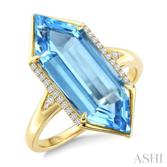 22X8 MM Hexagon Shape Blue Topaz and 1/10 Ctw Round Cut Diamond Semi-Precious Ring in 14K Yellow Gold