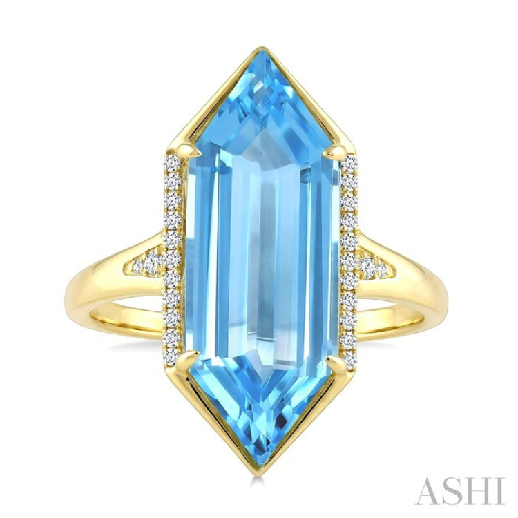 22X8 MM Hexagon Shape Blue Topaz and 1/10 Ctw Round Cut Diamond Semi-Precious Ring in 14K Yellow Gold