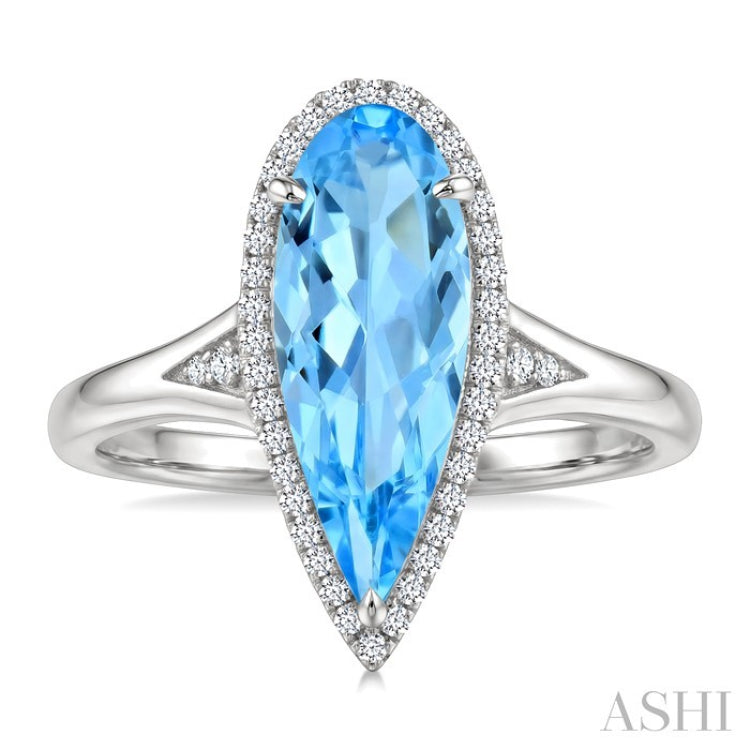 16X6 MM Pear Shape Blue Topaz and 1/6 Ctw Round Cut Diamond Semi-Precious Ring in 10K White Gold