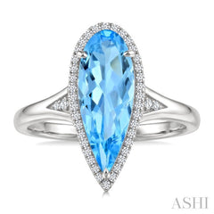 16X6 MM Pear Shape Blue Topaz and 1/6 Ctw Round Cut Diamond Semi-Precious Ring in 10K White Gold