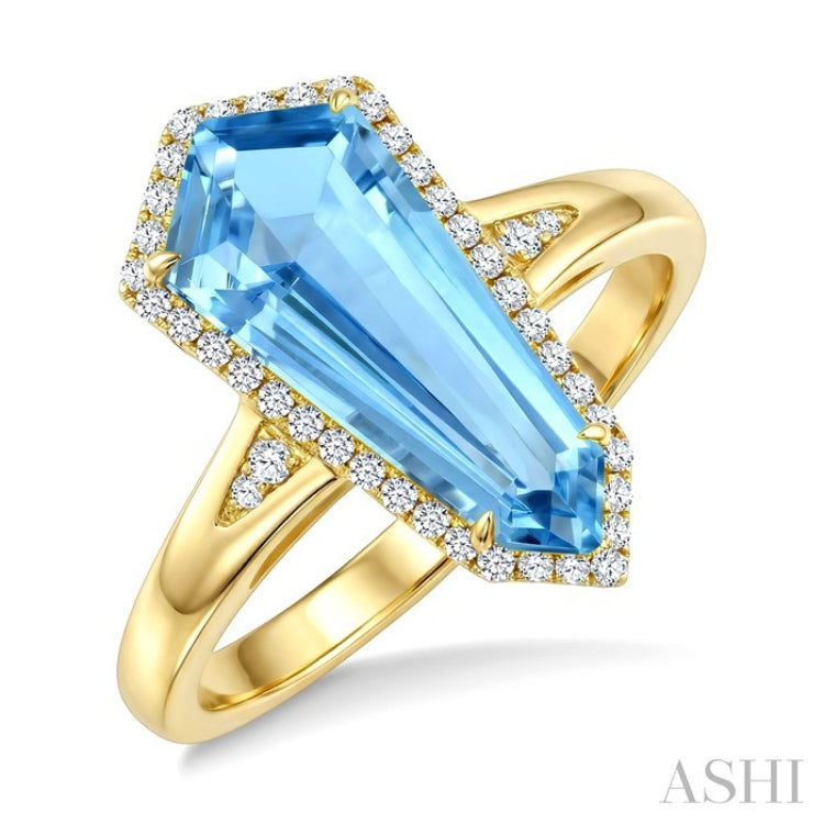 16X7 MM Shield Shape Blue Topaz and 1/6 Ctw Round Cut Diamond Semi-Precious Ring in 10K Yellow Gold