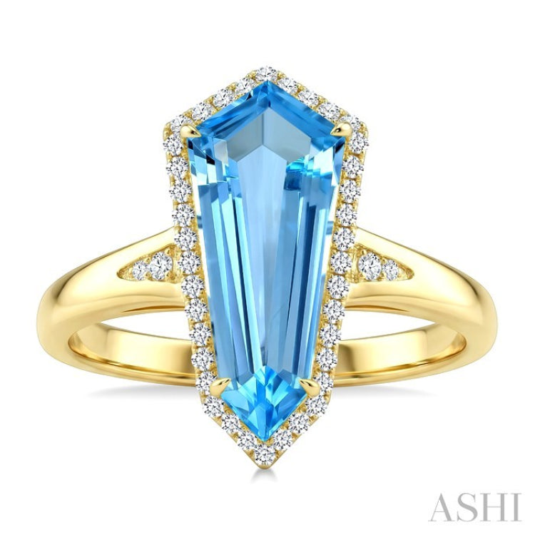 16X7 MM Shield Shape Blue Topaz and 1/6 Ctw Round Cut Diamond Semi-Precious Ring in 10K Yellow Gold