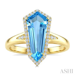 16X7 MM Shield Shape Blue Topaz and 1/6 Ctw Round Cut Diamond Semi-Precious Ring in 10K Yellow Gold